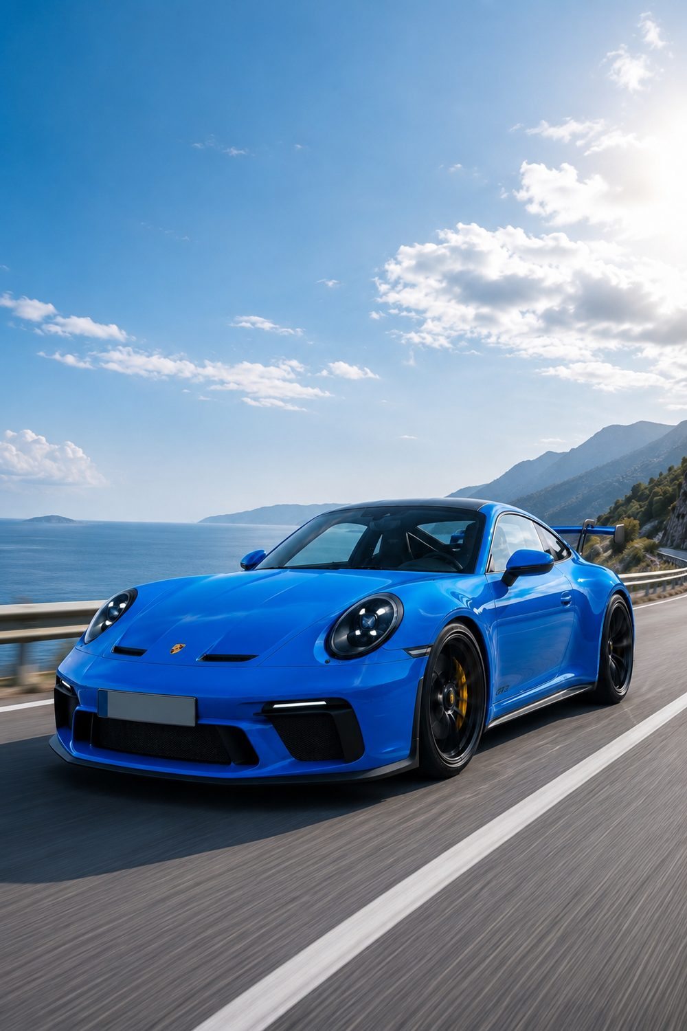 Porsche 911 GT3 azul en carretera costera - Detailing_JF Torrevieja