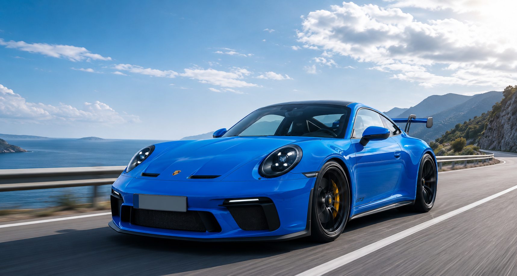 Porsche 911 GT3 azul en carretera costera - Detailing_JF Torrevieja